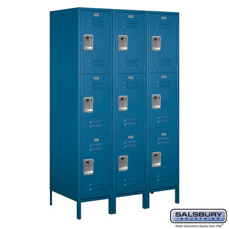 SALSBURY INDUSTRIES 3 Tier Metal Locker, 54"Wx78"Hx21"D, 9 Door, Blue, Unassembled 18-53361BL-U